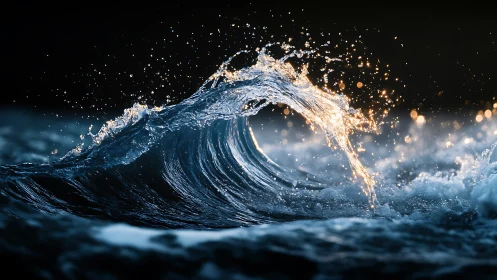 Cresting ocean wave with golden backlight and dynamic spray.