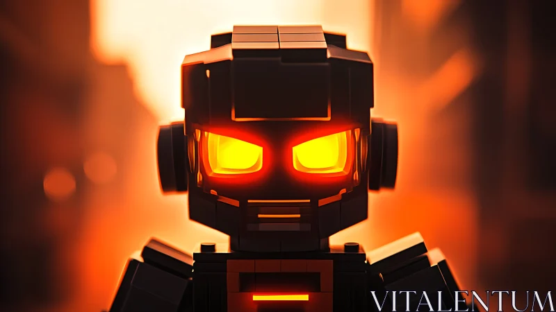 Lego-style black robot portrait glows against fiery bokeh background