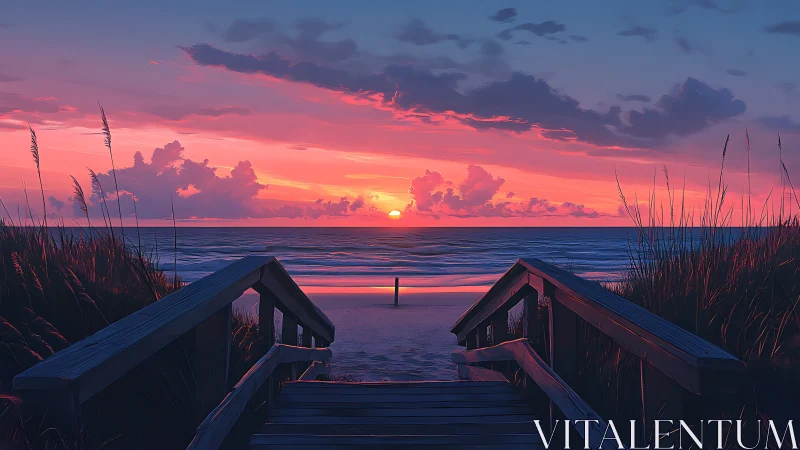 Boardwalk descent toward luminous ocean sunset horizon