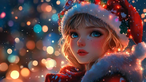 Snow-lit girl in Santa hat gazes through dreamy bokeh lights