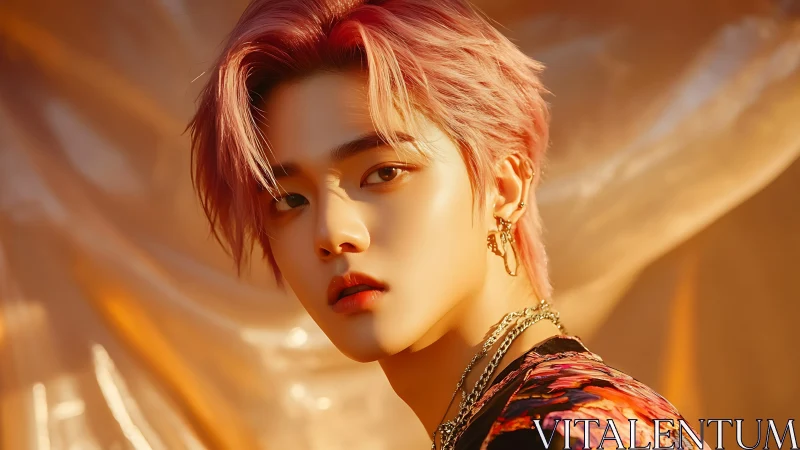 Soft golden light frames pink-haired youth in vivid portrait.