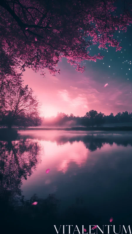 Enchanted pink lakeside sunset under blooming canopy.