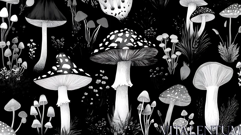 Monochrome botanical pattern of diverse forest mushrooms on black