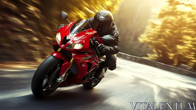 Sunlit mountain road welcomes a rider on a red sport bike