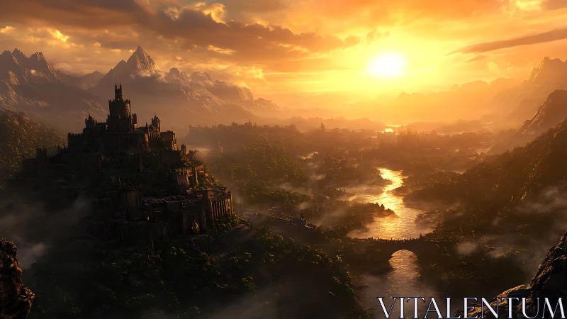 Mountain fortress and river valley under sunset light.