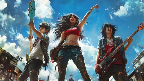 Joyful rooftop rock band under a wide, electric blue sky.