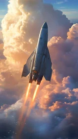 Vertical spacecraft ascent through dense illuminated clouds.