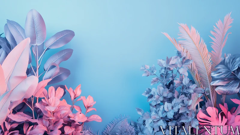 Botanical foliage arrangement in duotone blue and pink.