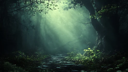 Mystical Forest Clearing with Divine Light Through Canopy