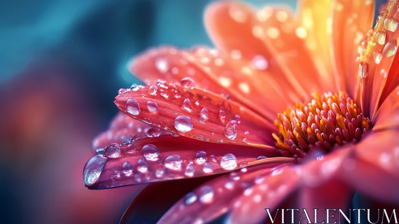 Morning dew on coral petals in soft dreamy close-up.