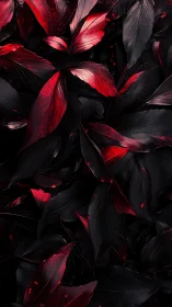 Velvet red leaves glowing softly in inky shadowed night.