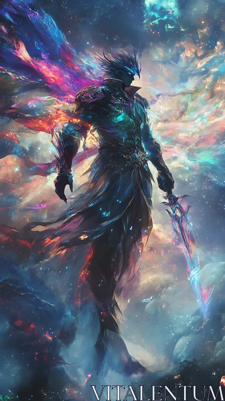 Celestial knight strides through prismatic cosmic storm