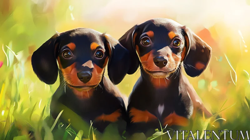 Digital painting of two black and tan dachshund puppies outdoors
