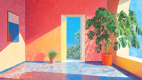 Sunlit palms quietly frame a painted doorway to sea air