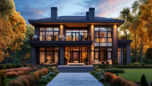 Golden hour modern home glows warmly in a lush garden