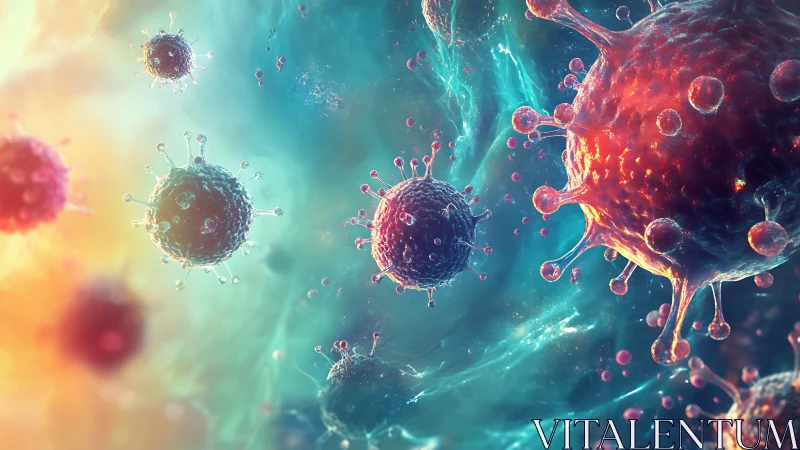 Cosmic viral orbs drift through a neon-tinted microverse.