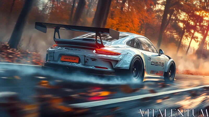 Silver track beast drifts through ember-bright autumn forest