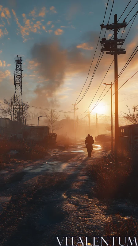 Solitary armored wanderer crossing wet postwar access road at dawn