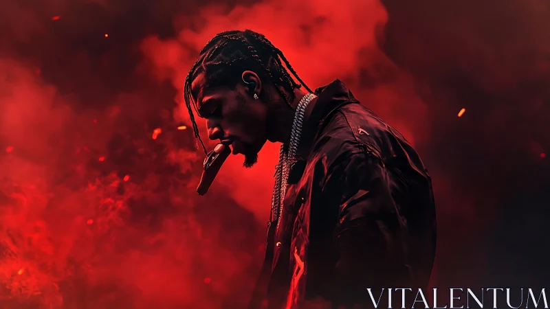 Moody rapper portrait in intense red smoke and darkness.