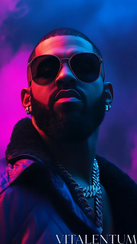 Male subject in sunglasses under neon gradient lighting.