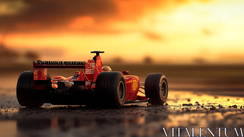 Sunset-soaked red race car waits on a shimmering wet track.