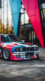 Retro BMW coupe with geometric livery before neon facade.