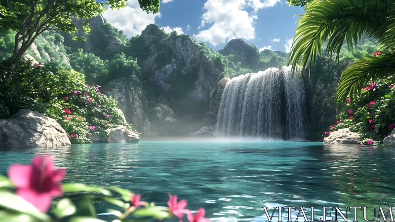 Sunlit tropical waterfall pooling into a calm turquoise lagoon.