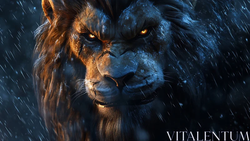 Storm-lit lion with ember eyes in a midnight blizzard.