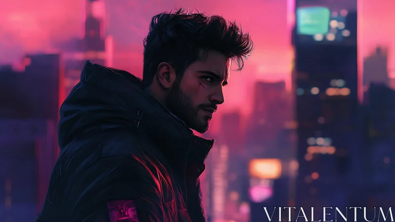Brooding cyberpunk drifter against neon city sunset skyline.