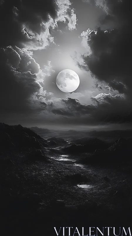 Monochrome lunar landscape under heavy cloud cover.