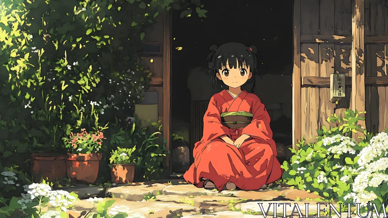 Young girl in red kimono resting at a sunny garden doorway.