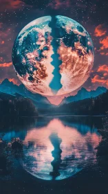 Split cosmic moon mirrors over tranquil alpine lake.