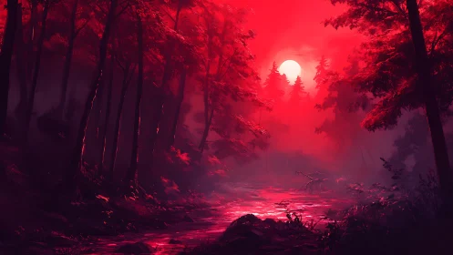 Crimson Woods Awakens Where Moonlight Bleeds Through Towering Pines