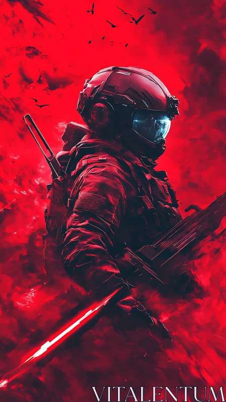 Lone futuristic soldier stands ready in a blazing red haze