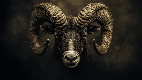 Majestic ram portrait emerges from dark, dramatic shadows