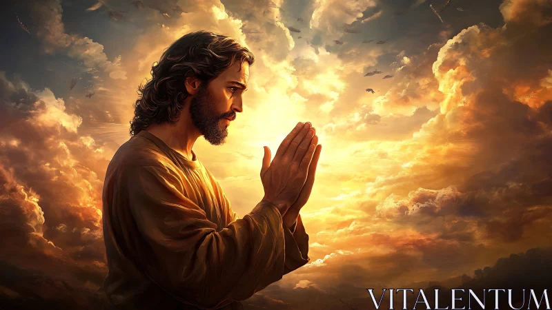 Prayerful figure framed by radiant golden sunset clouds.