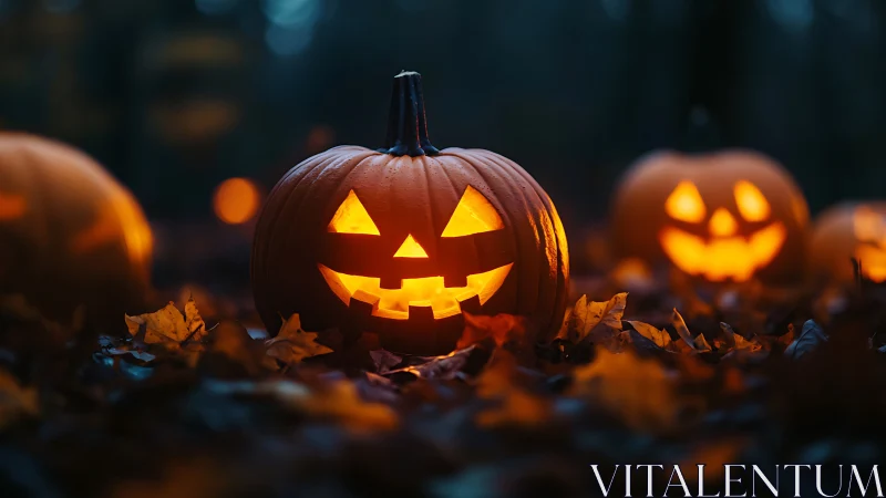 Low-angle jack-o-lantern array with shallow-depth bokeh glow.