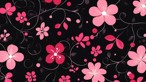 Pink Floral Pattern on Black Background.