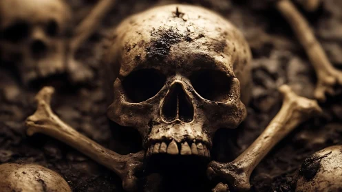 Human skull and bones in closeup on dark earthy surface.