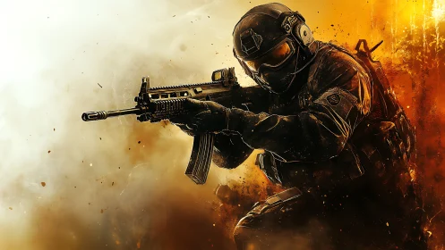 Intense tactical soldier charges forward through swirling fire