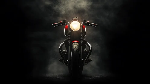 Front-facing motorcycle in dramatic dark studio lighting.