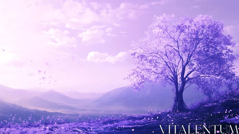 Digital painting of violet spring tree in panoramic valley.
