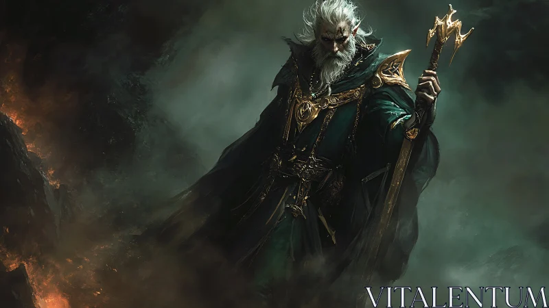 Ancient battle mage strides through stormlit volcanic chasm.