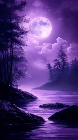 Moonlit violet river winding through a dreamy forest night.