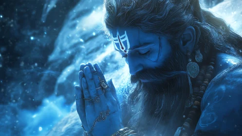 Blue-lit ascetic profile with clasped hands and intricate ornaments