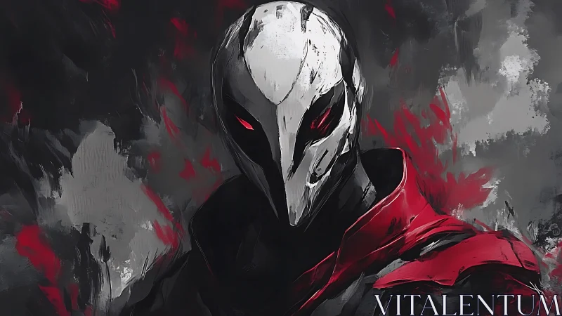 Red-caped shadow wraith with bone mask and ember eyes.