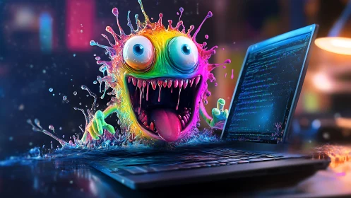 Neon code goblin erupts from laptop in technicolor chaos