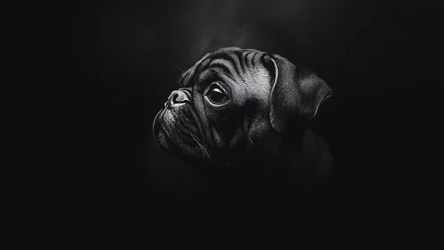 Photorealistic pug portrait in dramatic chiaroscuro profile.