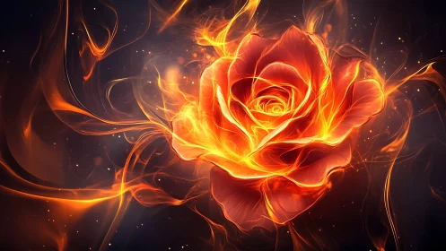 Luminous fiery rose with swirling plasma tendrils on dark field