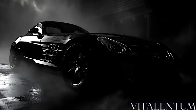 Sleek black sports car resting in moody city shadows.